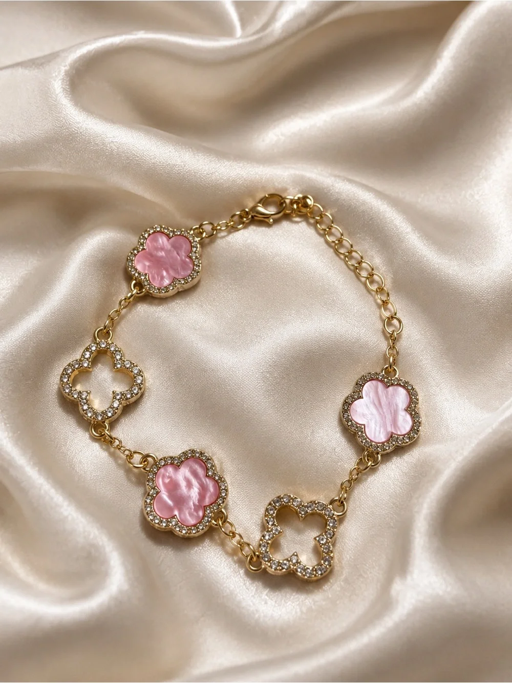Pink Clover Charm Bracelet Crystal Floral Link Adjustable